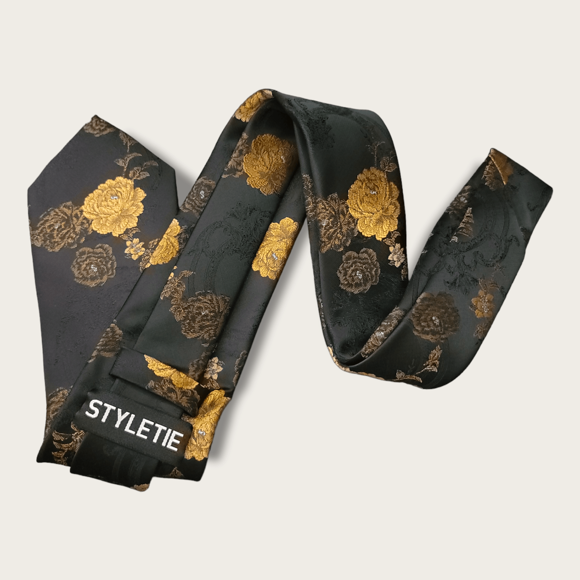 Gold Black Floral Silk Tie Pocket Square Cufflink Set - STYLETIE