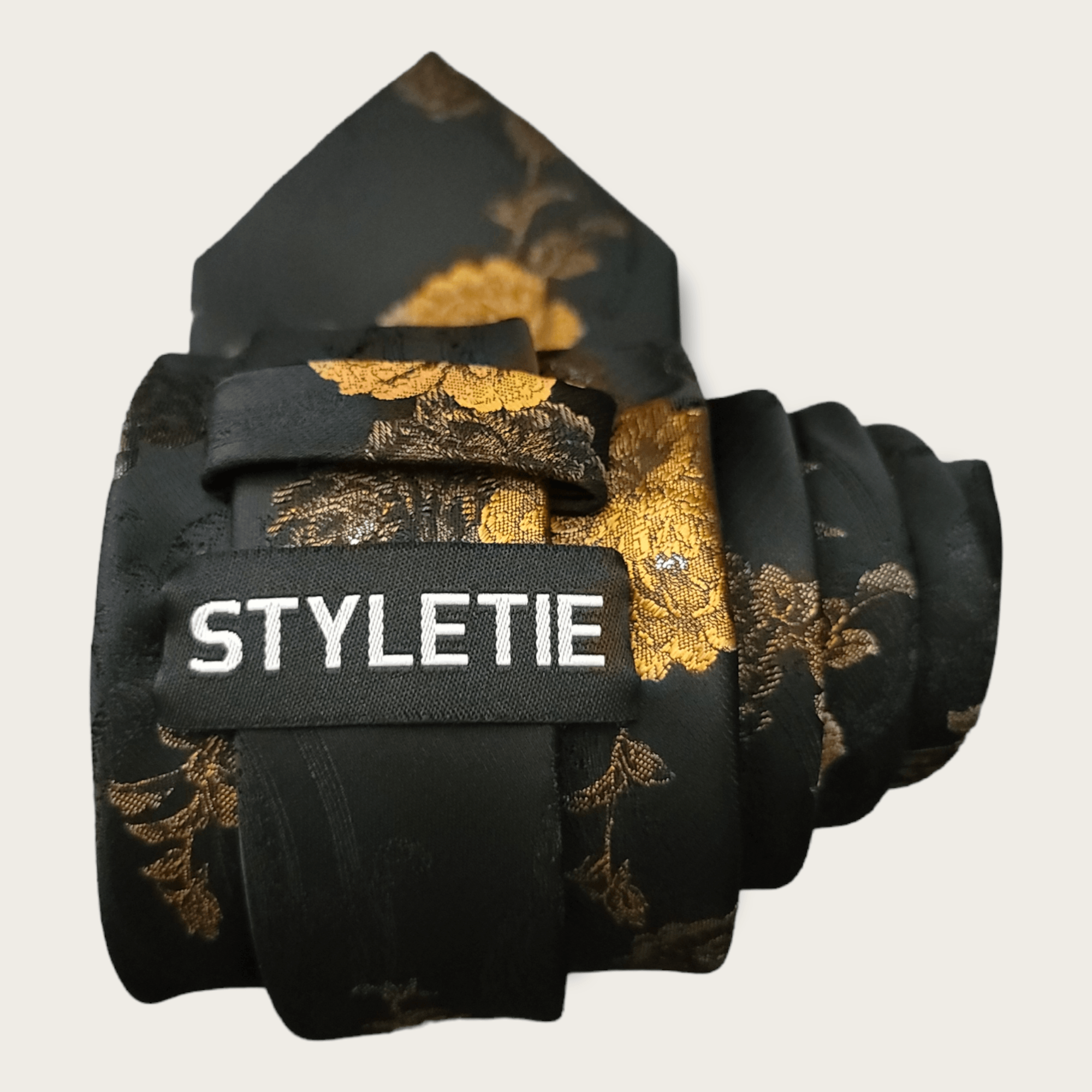 Gold Black Floral Silk Tie Pocket Square Cufflink Set - STYLETIE