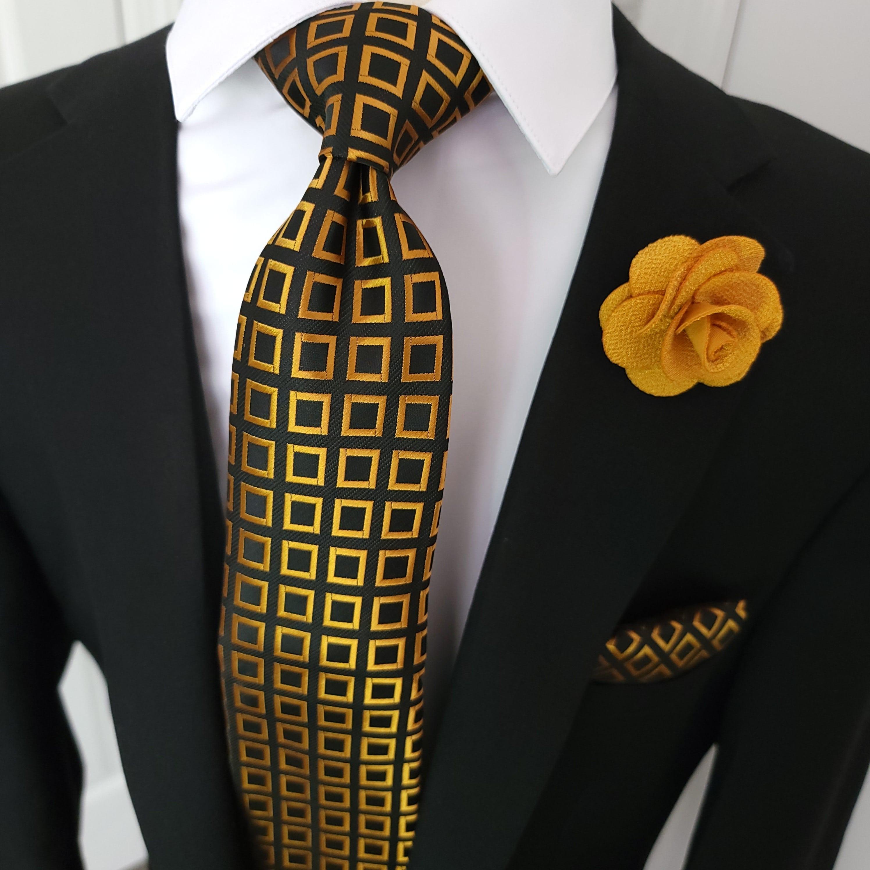 Gold Black Plaid Silk Tie Pocket Square Cufflink Set - STYLETIE