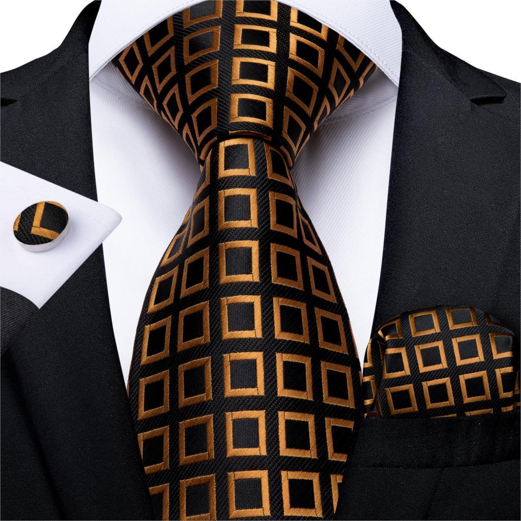 Gold Black Plaid Silk Tie Pocket Square Cufflink Set - STYLETIE