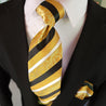 Gold Black Stripe Floral Silk Tie Pocket Square Cufflink Set - STYLETIE