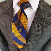 Gold Blue Striped Silk Tie Pocket Square Cufflink Set - STYLETIE
