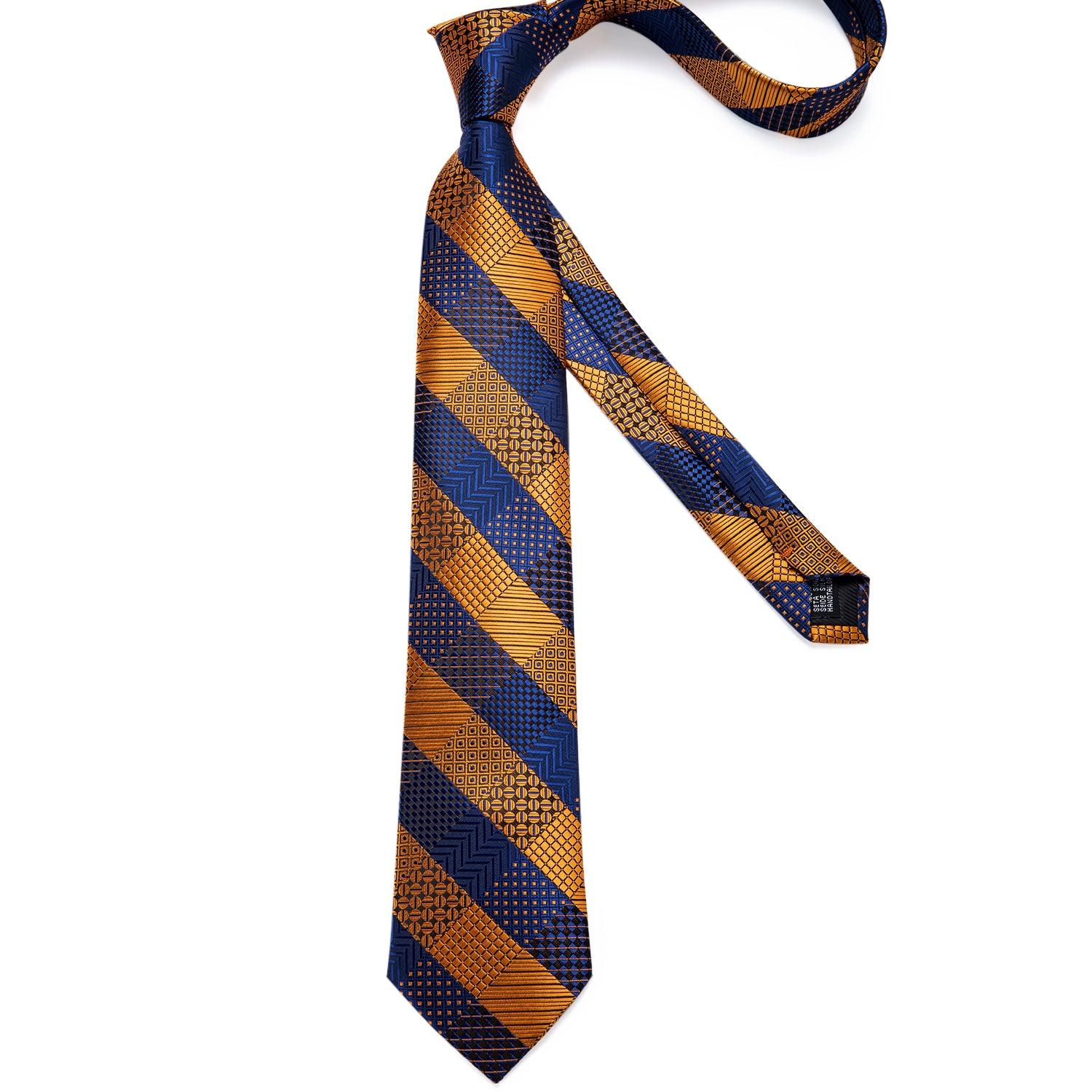 Gold Blue Striped Silk Tie Pocket Square Cufflink Set - STYLETIE