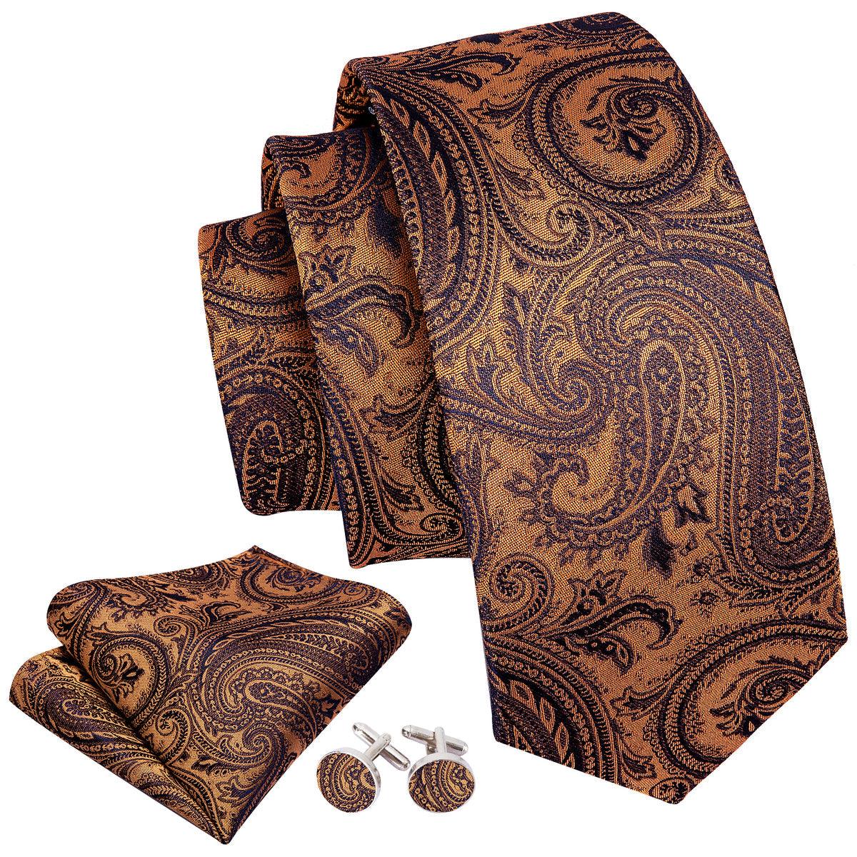 Gold Black Paisley Silk Tie Pocket Square Cufflink Set - STYLETIE