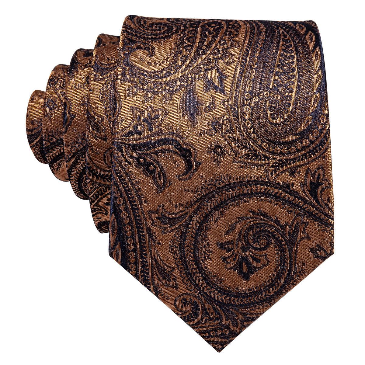 Gold Black Paisley Silk Tie Pocket Square Cufflink Set - STYLETIE