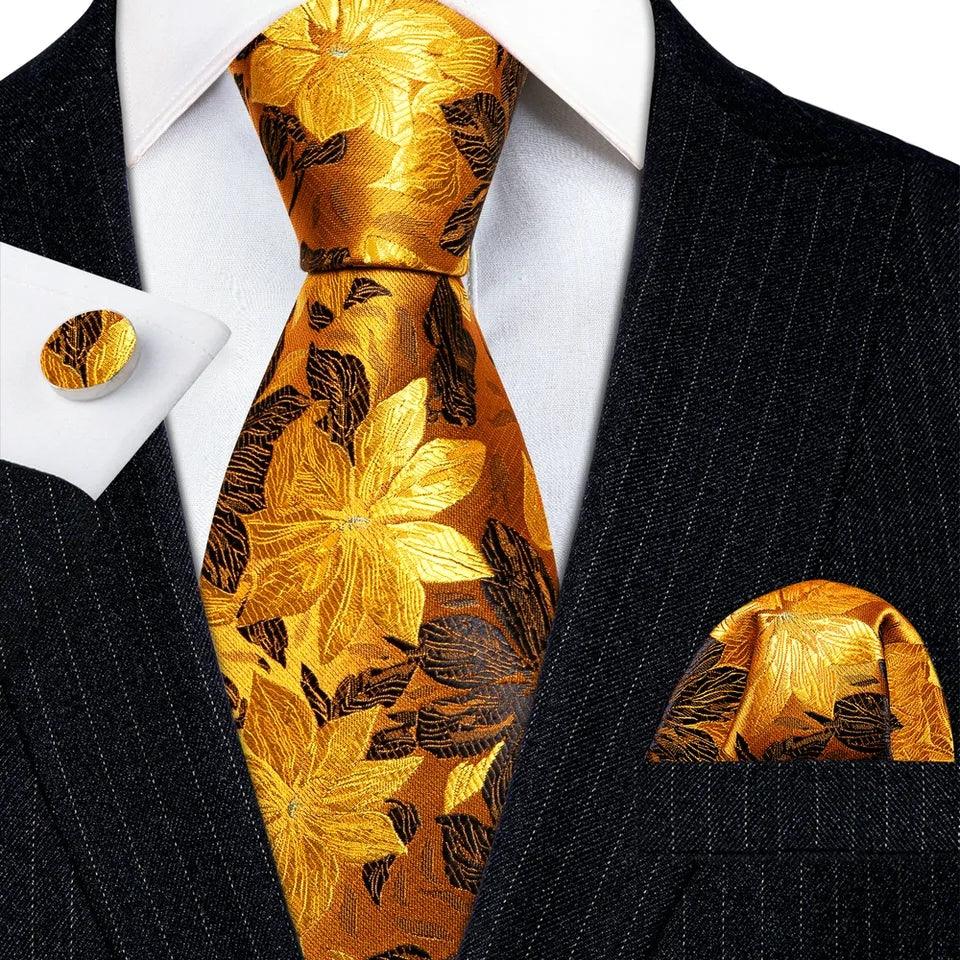 Gold Floral Silk Tie Pocket Square Cufflink Set - STYLETIE