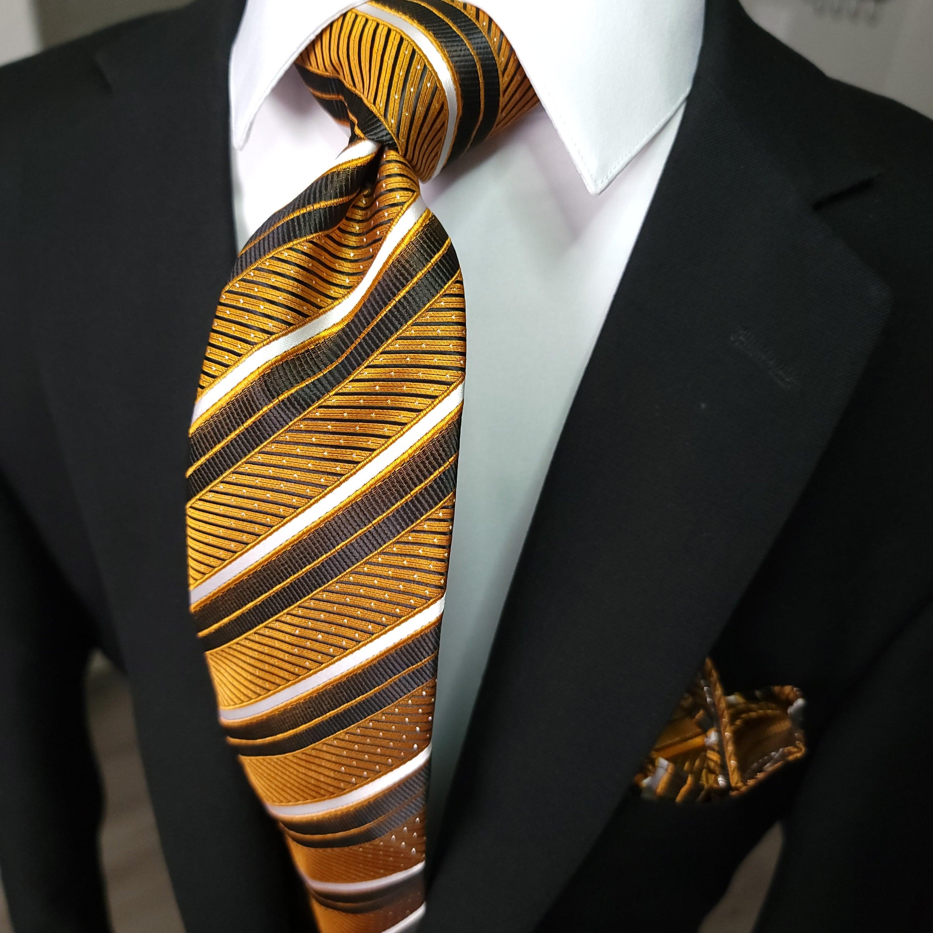 Gold Orange Striped Silk Tie Pocket Square Cufflink Set - STYLETIE