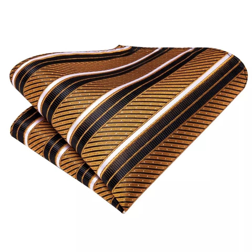 Gold Orange Striped Silk Tie Pocket Square Cufflink Set - STYLETIE