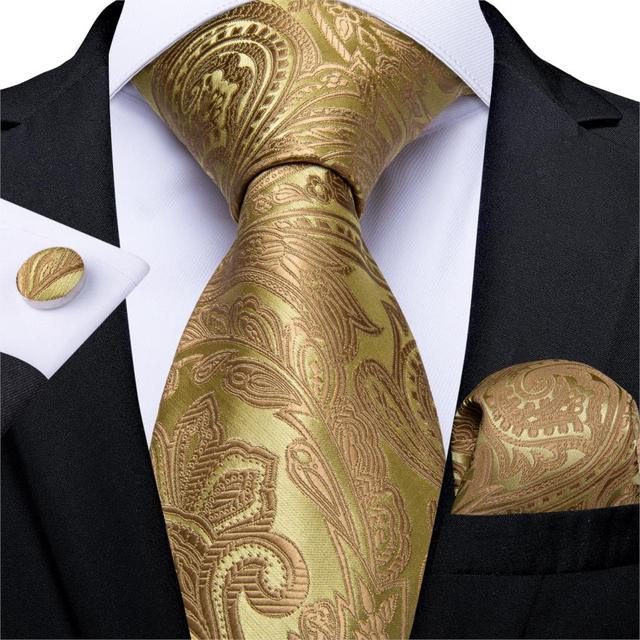 Gold Paisley Silk Tie Pocket Square Cufflink Set - STYLETIE