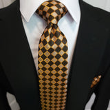 Gold Orange Plaid Silk Tie Pocket Square Cufflink Set