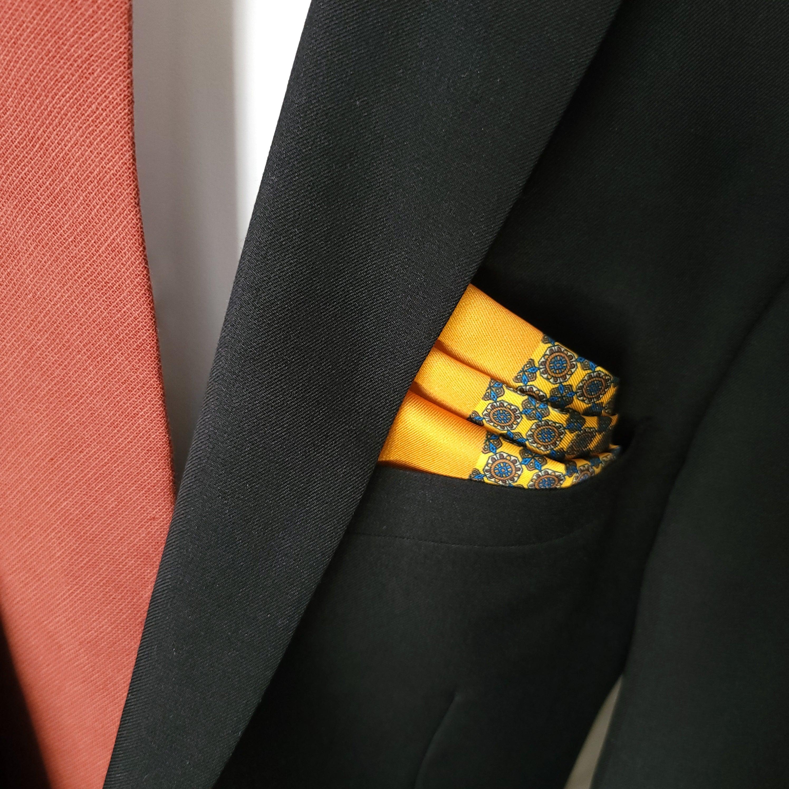 Golden Yellow Blue Dot Stylish and Elegant Silk Pocket Square - STYLETIE
