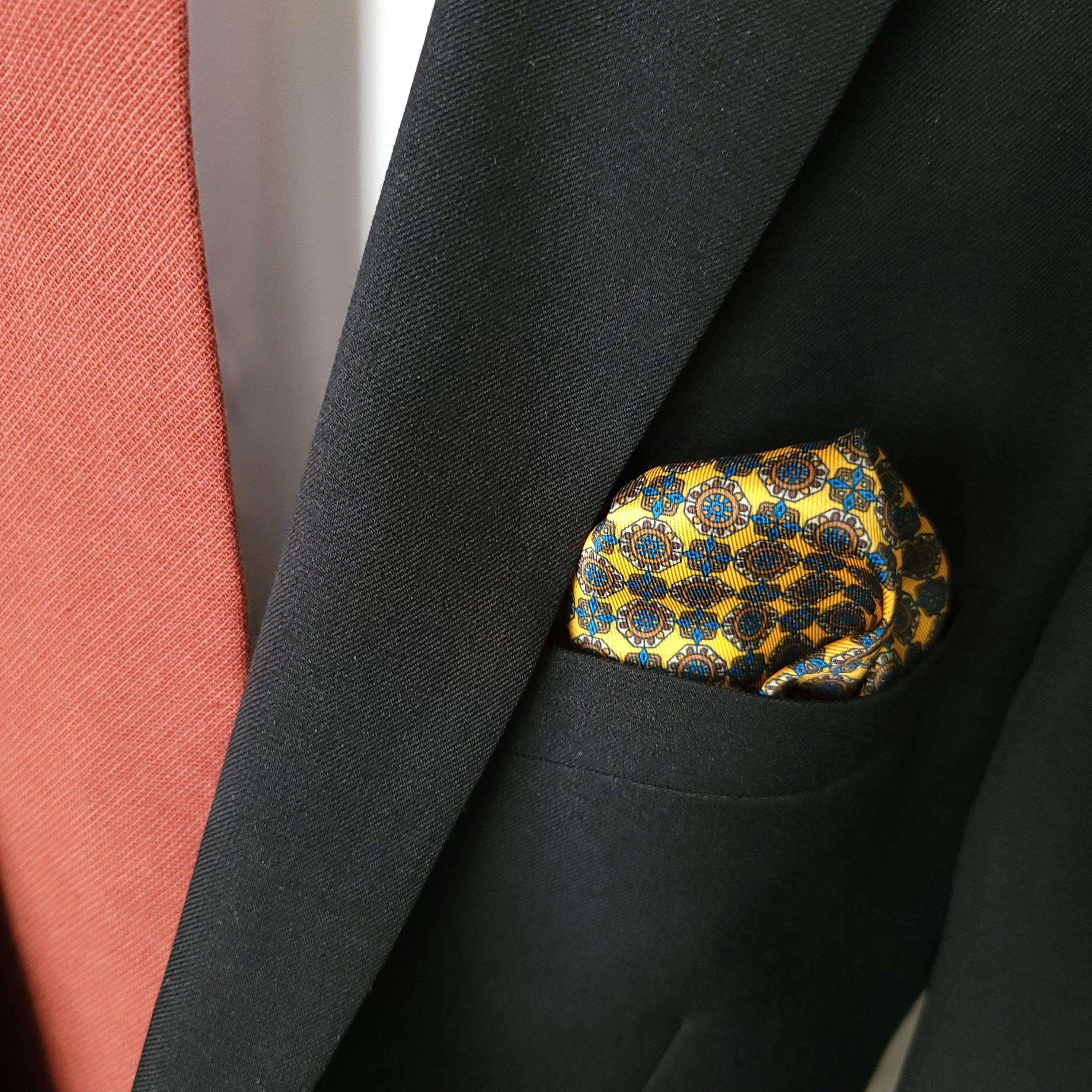 Golden Yellow Blue Dot Stylish and Elegant Silk Pocket Square - STYLETIE