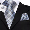 Gray Blue White Plaid Silk Tie Pocket Square Cufflink Set - STYLETIE