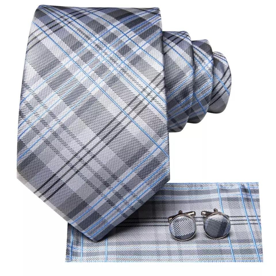 Gray Blue White Plaid Silk Tie Pocket Square Cufflink Set - STYLETIE