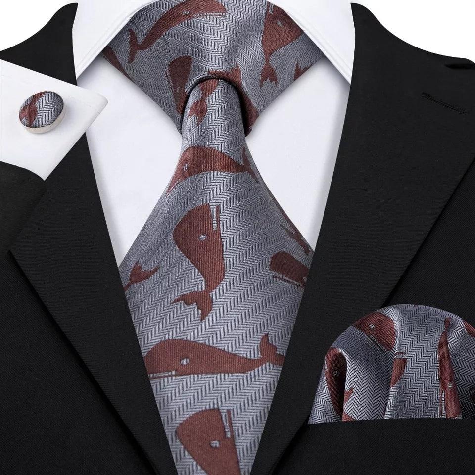 Gray Brown Whale Silk Tie Pocket Square Cufflinks Set - STYLETIE