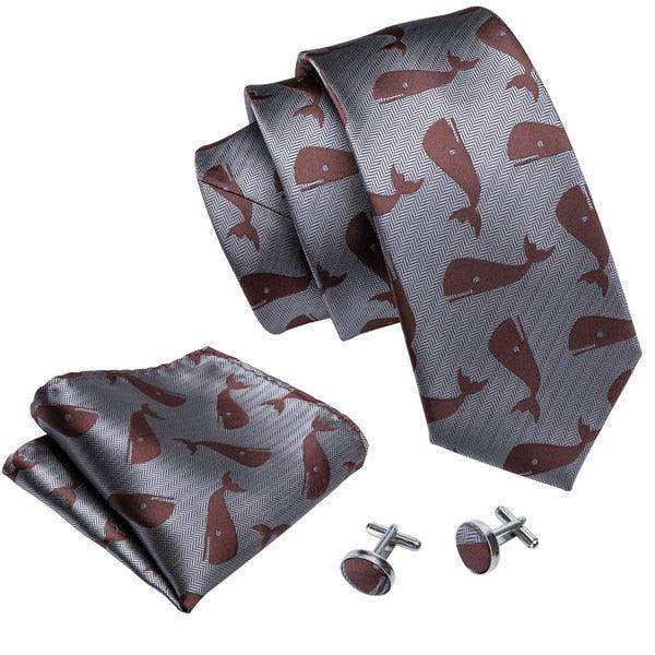 Gray Brown Whale Silk Tie Pocket Square Cufflinks Set - STYLETIE