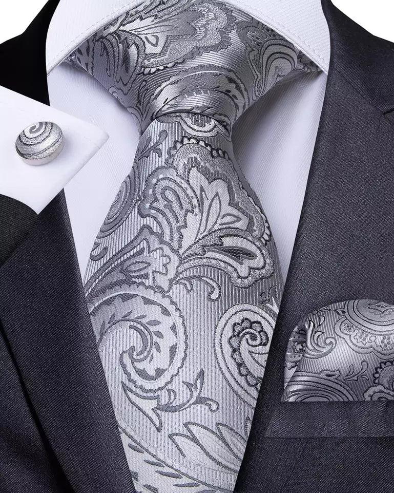 Gray Paisley Silk Tie Pocket Square Cufflinks Set - STYLETIE