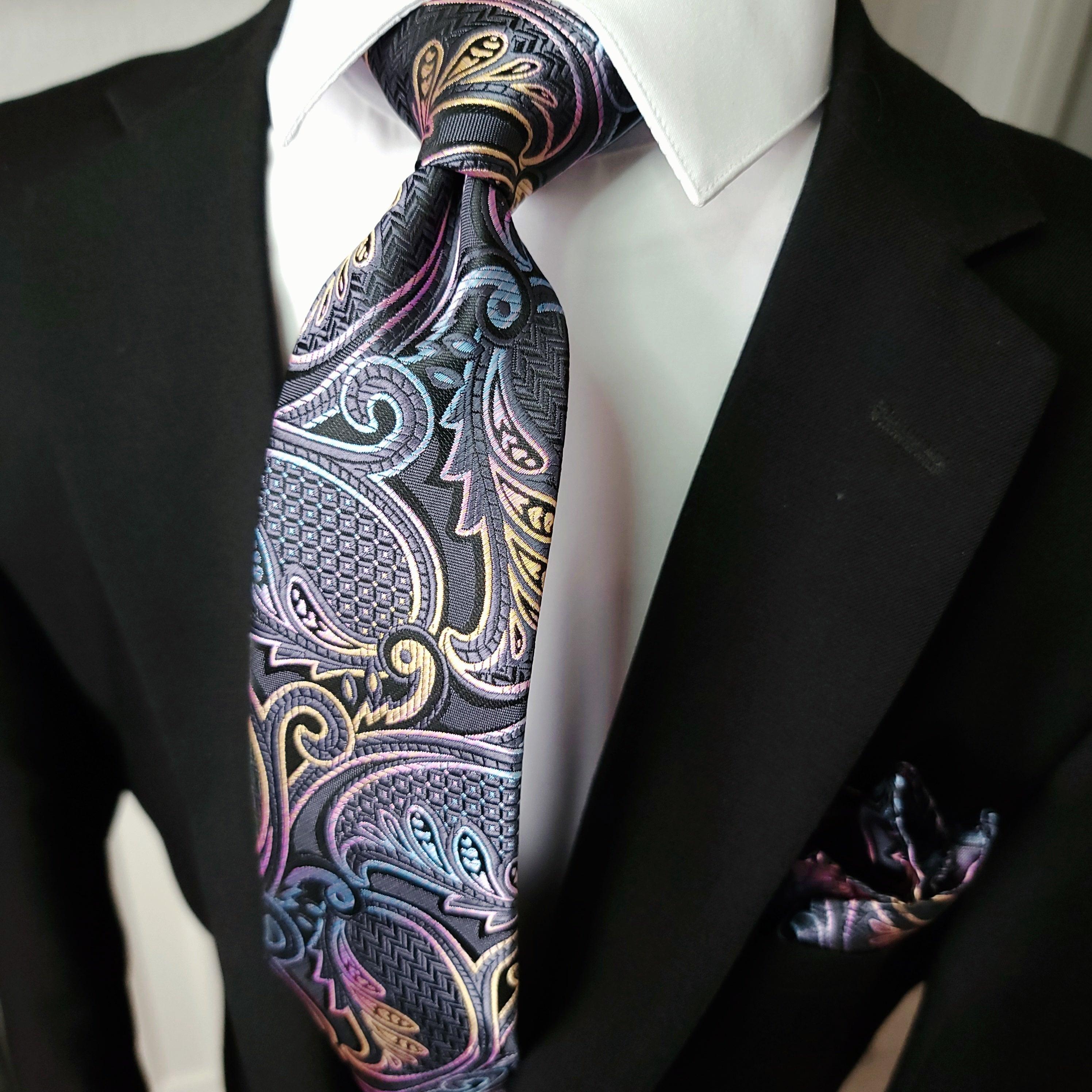 Gray Paisley Tie Hanky Cufflinks Set 100% Silk - STYLETIE