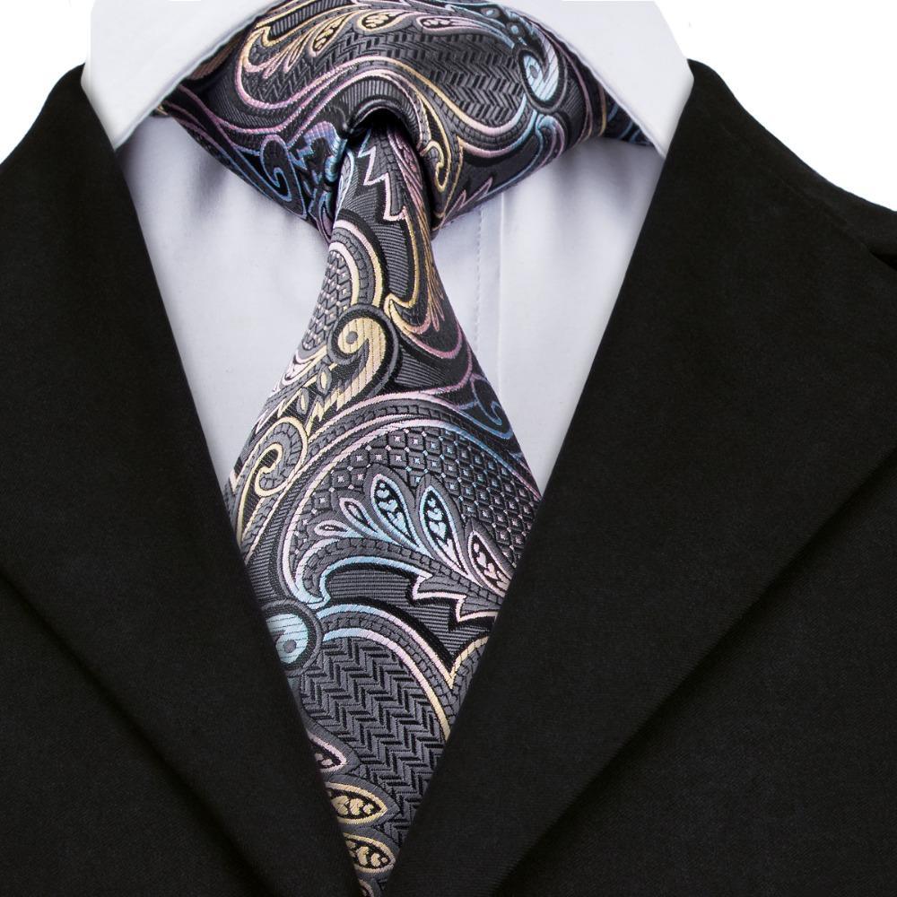 Gray Paisley Tie Hanky Cufflinks Set 100% Silk - STYLETIE
