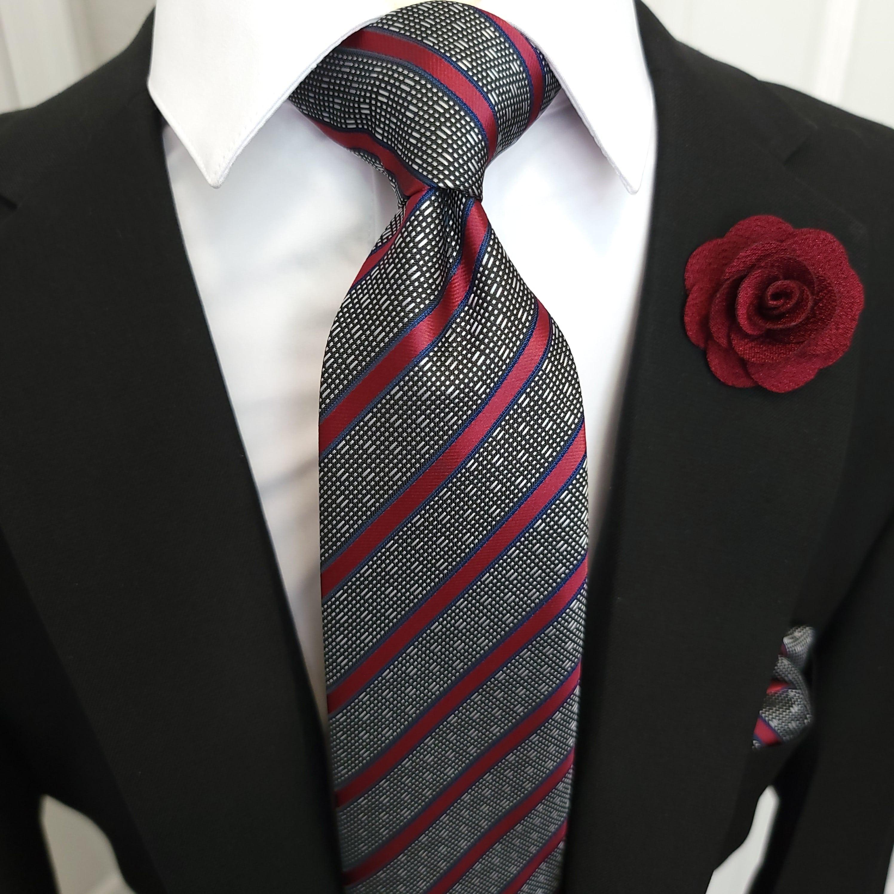 Gray Red Striped Silk Tie Pocket Square Cufflinks Set - STYLETIE