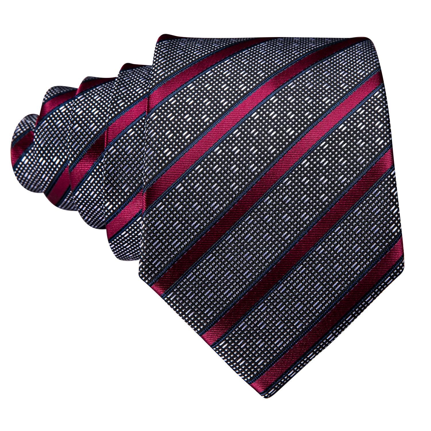 Gray Red Striped Silk Tie Pocket Square Cufflinks Set - STYLETIE
