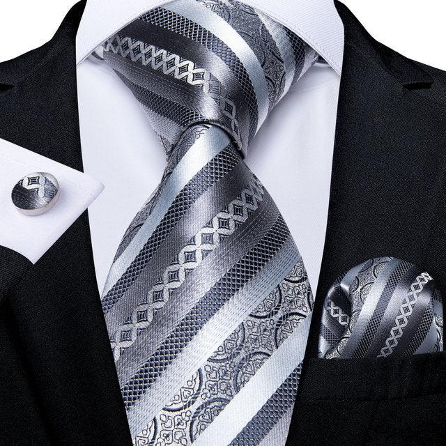 Gray Striped Silk Tie Pocket Square Cufflink Set - STYLETIE