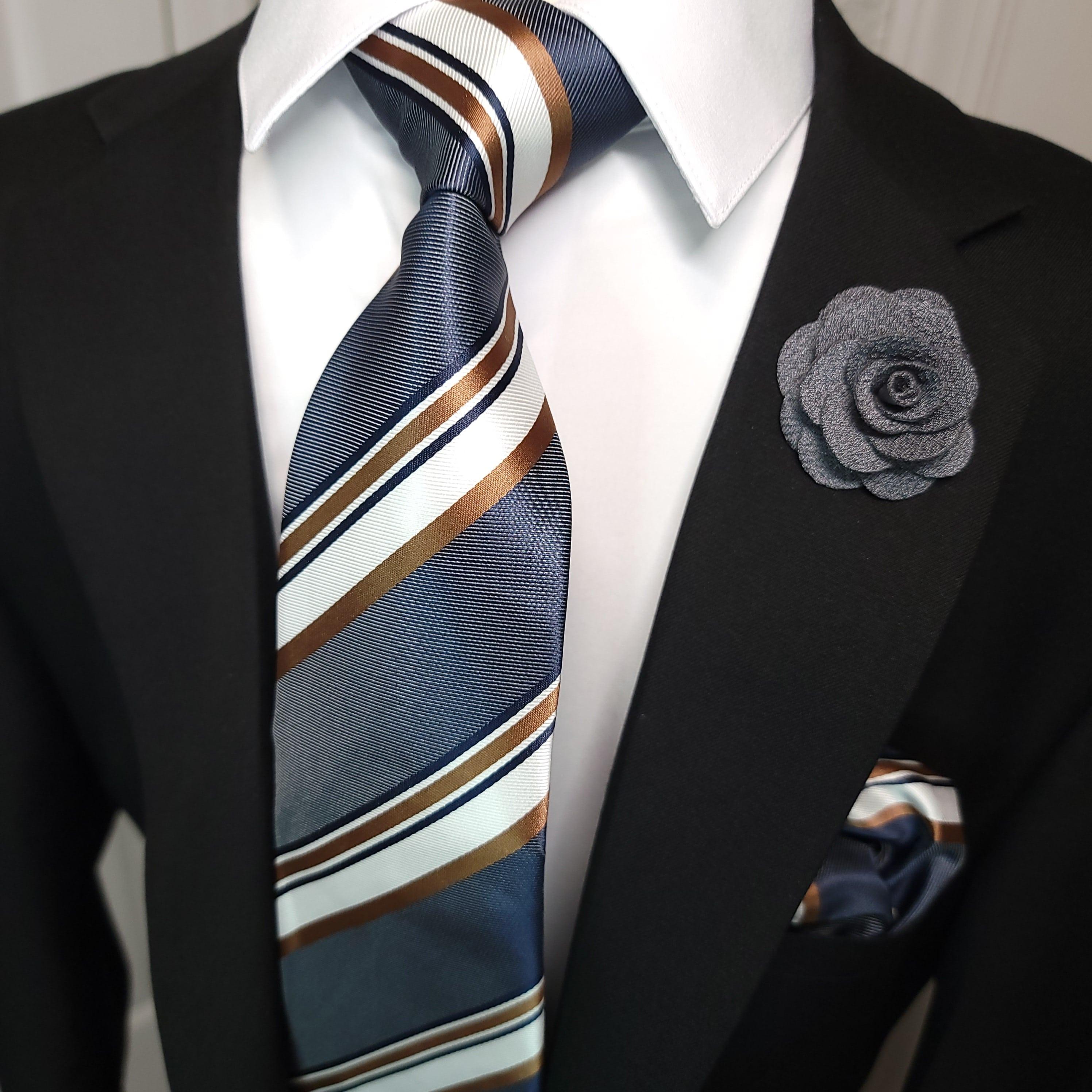 Gray White Gold Stripe Silk Tie Pocket Square Cufflink Set - STYLETIE