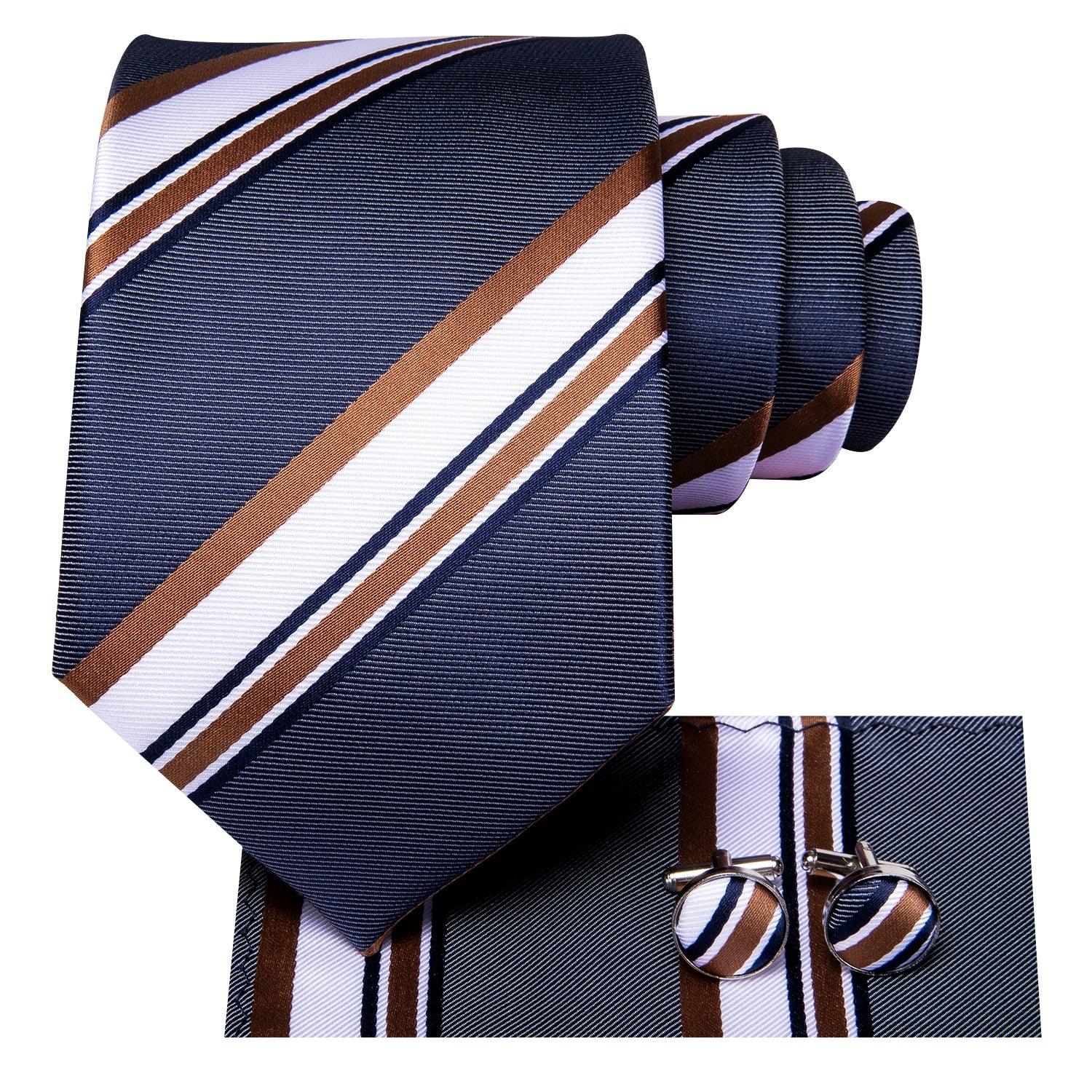 Gray White Gold Stripe Silk Tie Pocket Square Cufflink Set - STYLETIE