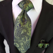 Green Black Paisley Silk Tie Pocket Square Cufflink Set - STYLETIE
