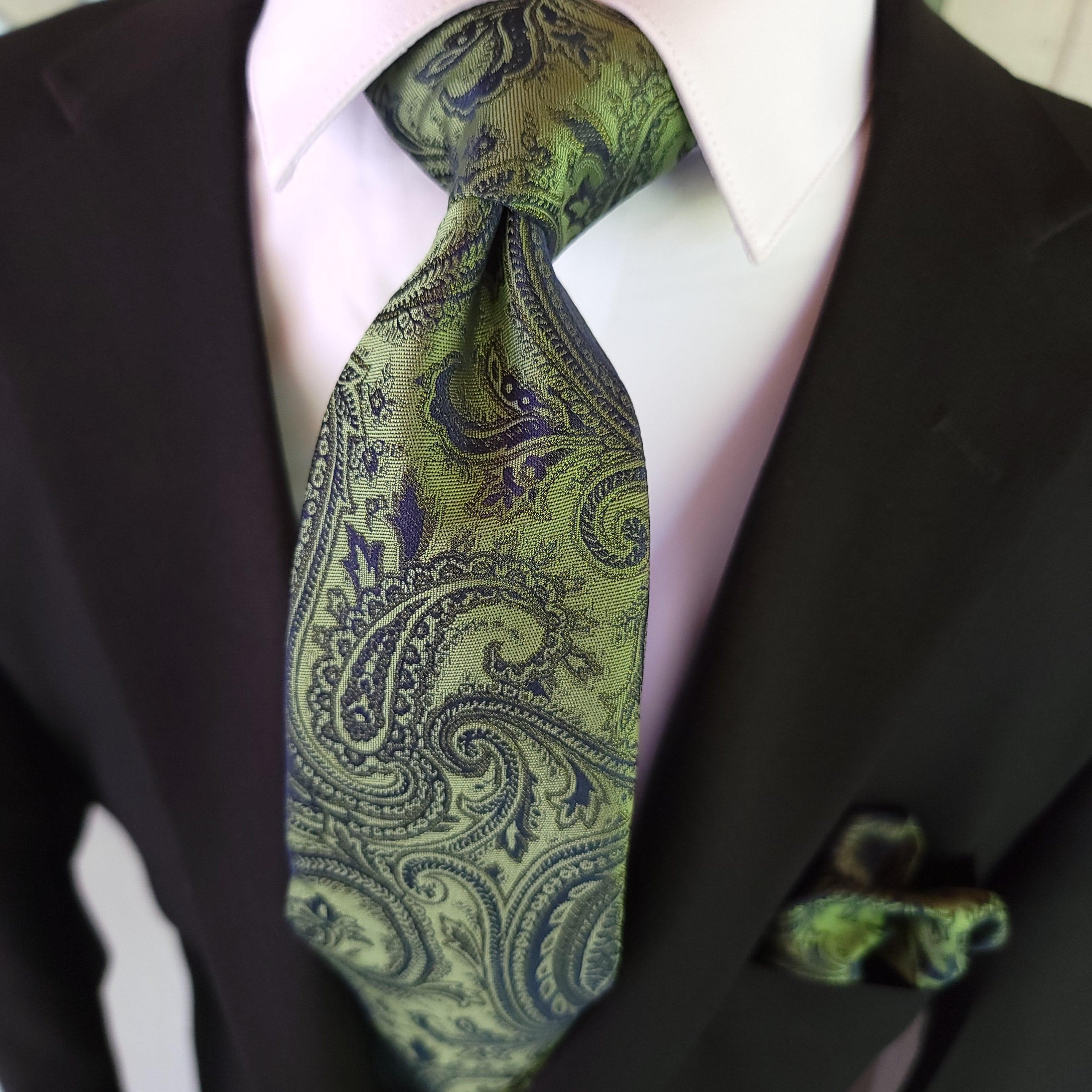 Green Black Paisley Silk Tie Pocket Square Cufflink Set - STYLETIE