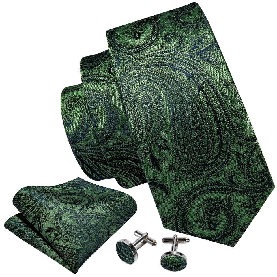 Green Black Paisley Silk Tie Pocket Square Cufflink Set - STYLETIE