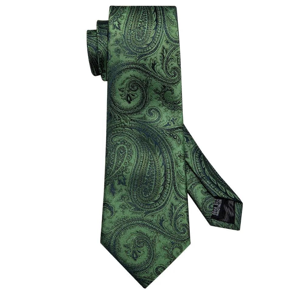 Green Black Paisley Silk Tie Pocket Square Cufflink Set - STYLETIE