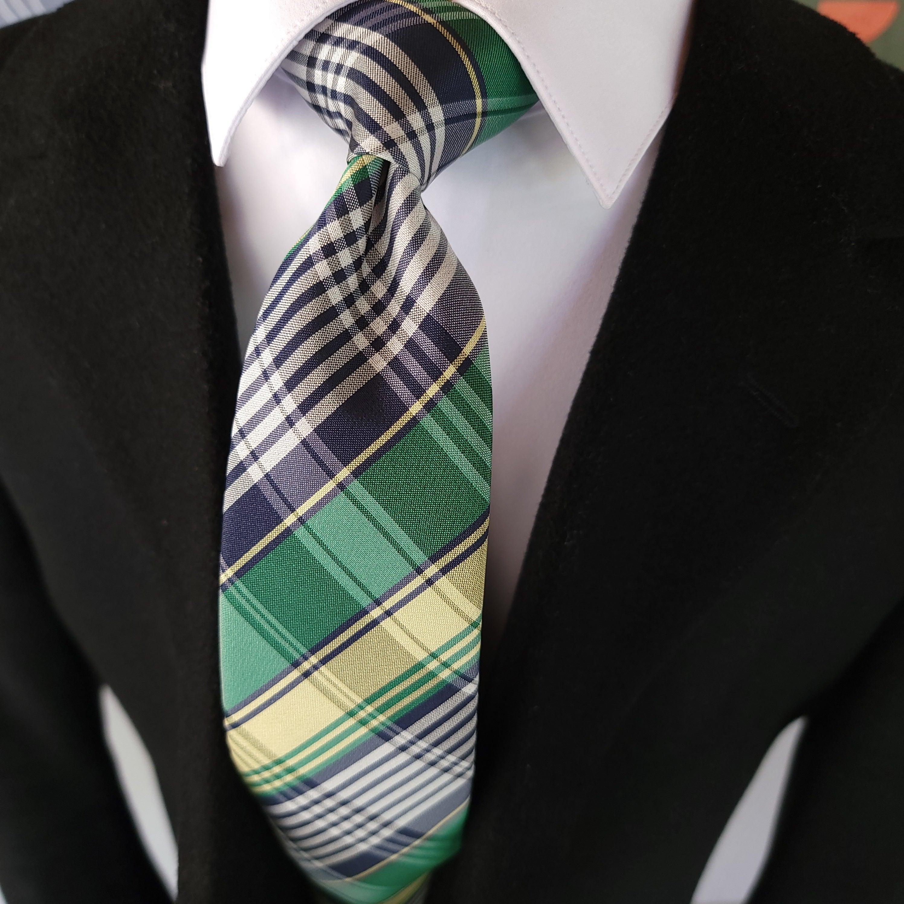 Green Black Plaid Silk Tie Pocket Square Cufflink Set - STYLETIE