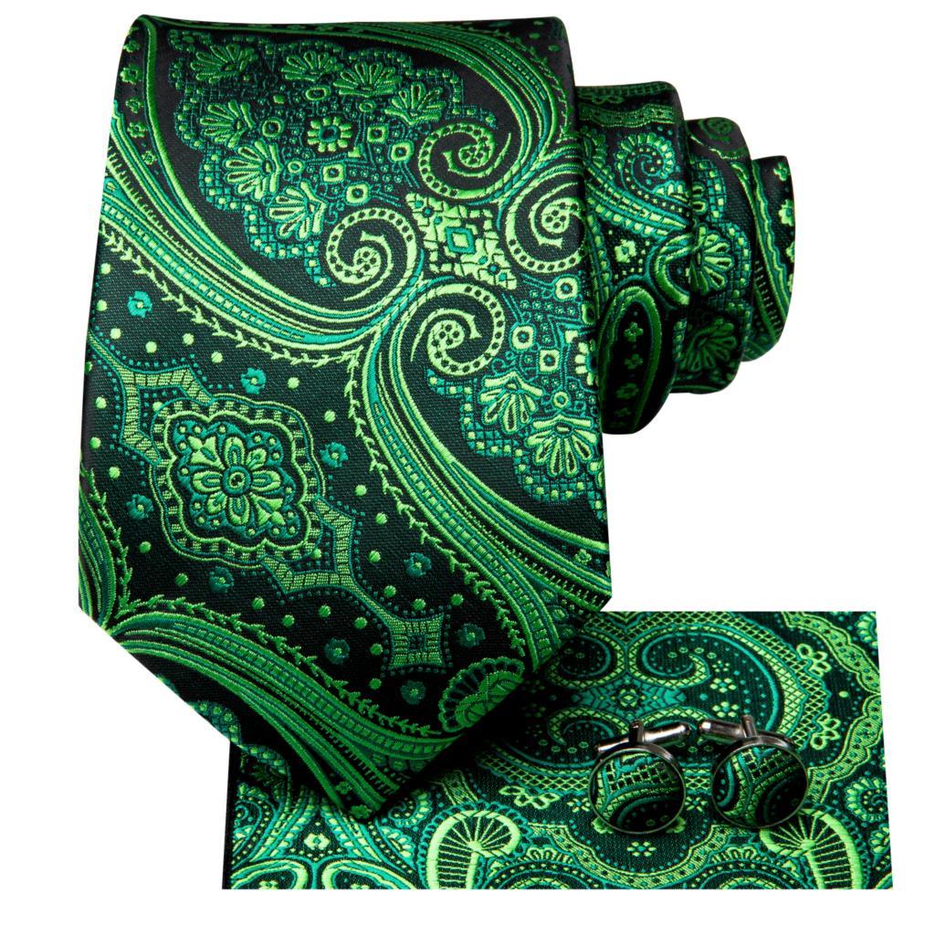 Green Black Silk Tie Pocket Square Cufflink Set - STYLETIE