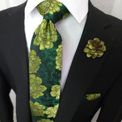 Green Floral Silk Tie Pocket Square Cufflink Set - STYLETIE