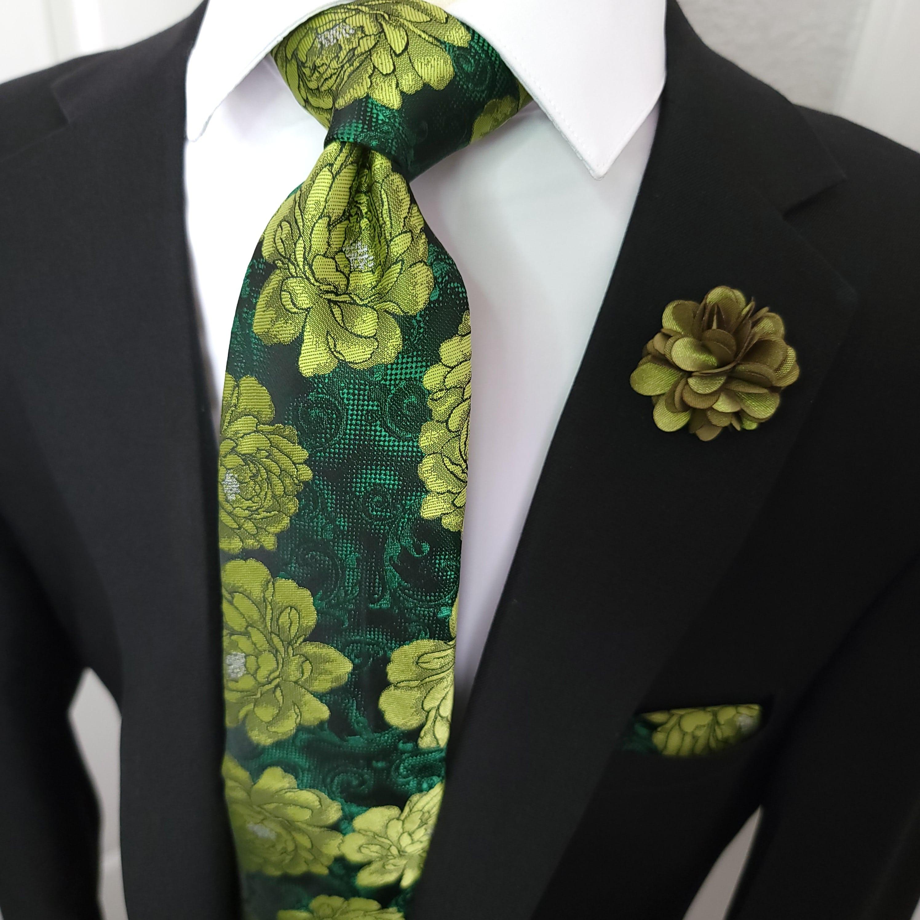 Green Floral Silk Tie Pocket Square Cufflink Set - STYLETIE