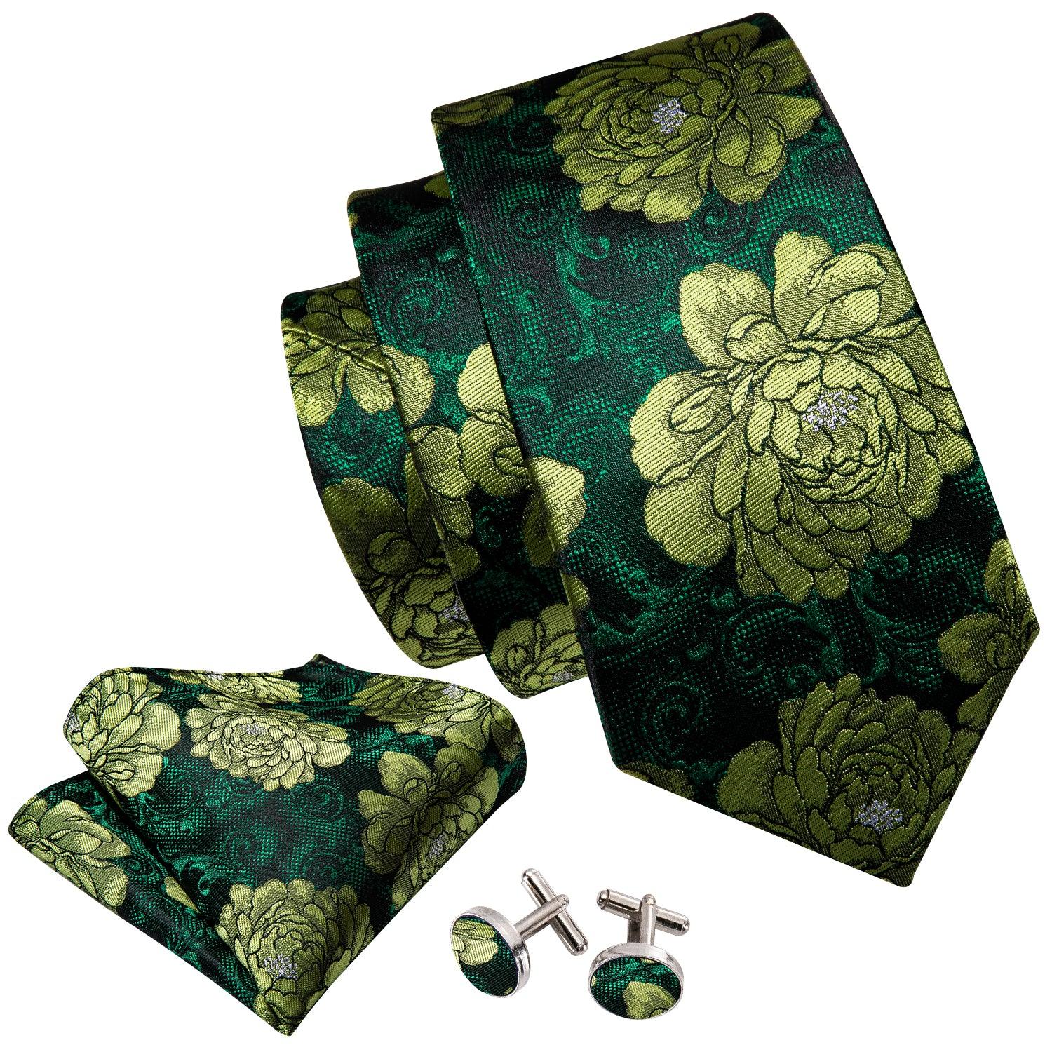 Green Floral Silk Tie Pocket Square Cufflink Set - STYLETIE