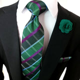 Green Purple Plaid Set of Pocket Square and Cufflinks