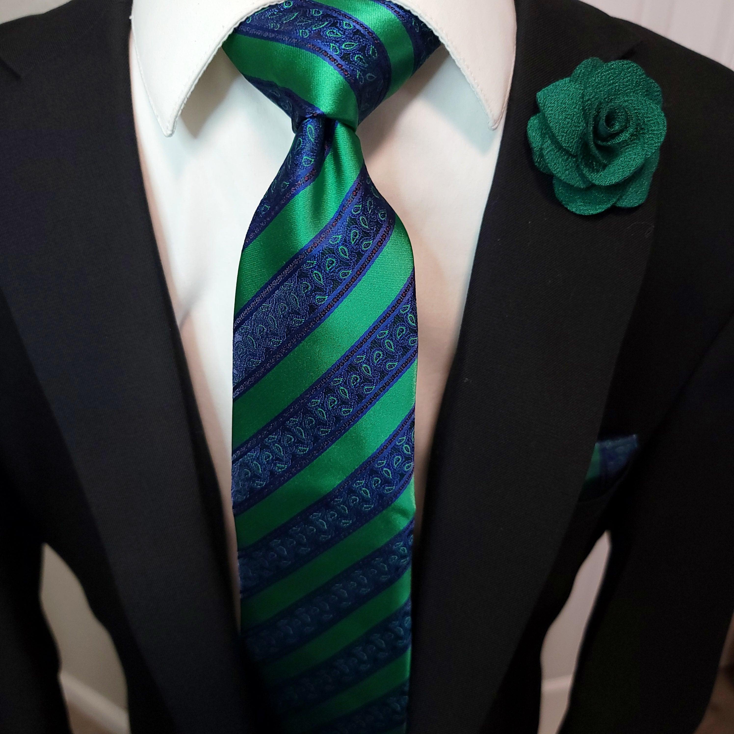 Green Striped Silk Tie Pocket Square Cufflink Set - STYLETIE