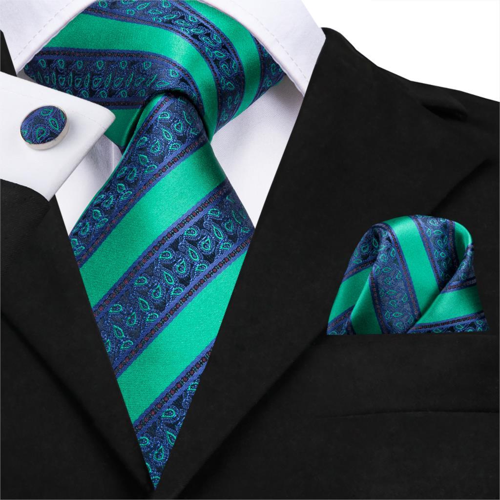 Green Striped Silk Tie Pocket Square Cufflink Set - STYLETIE
