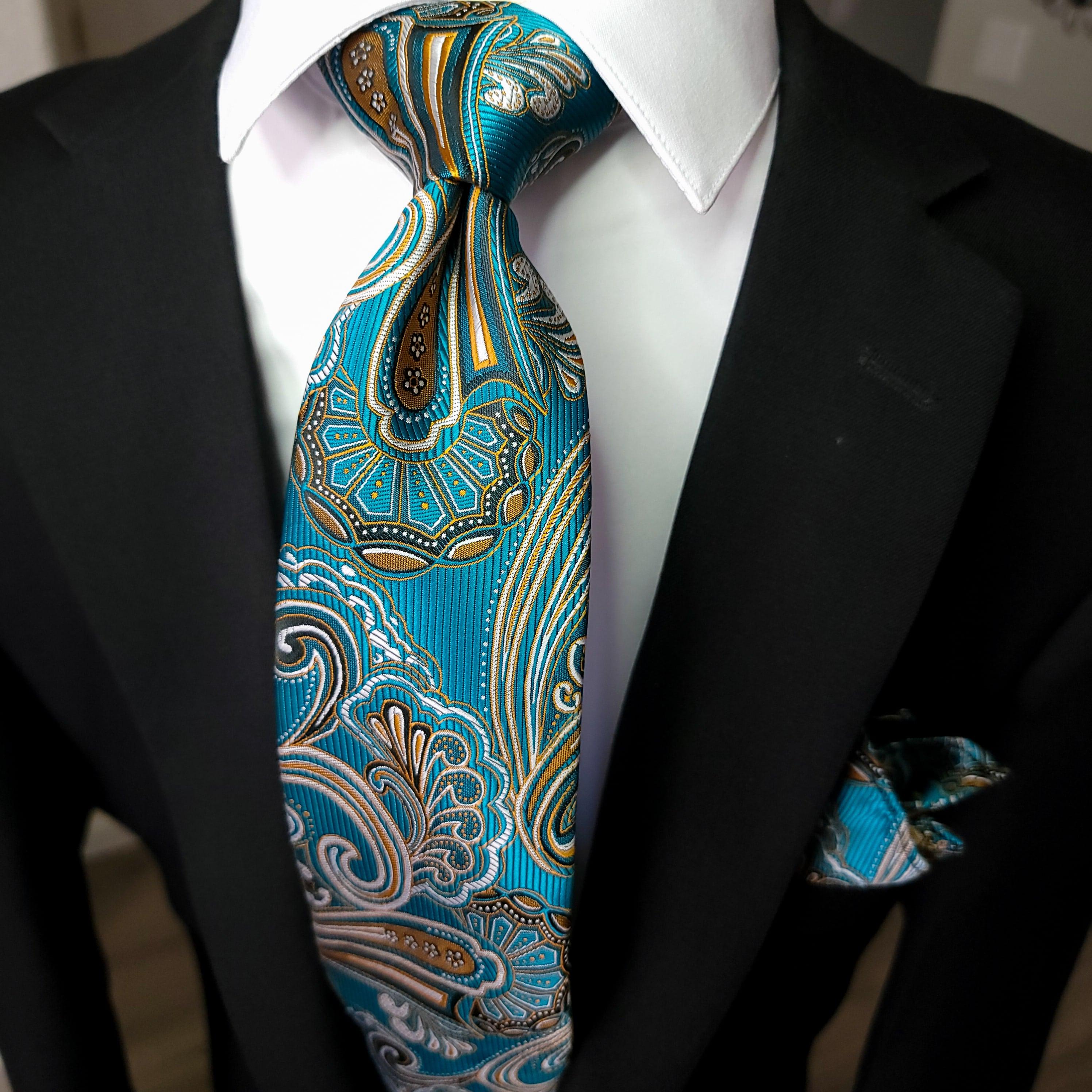Green Teal Paisley Silk Tie Pocket Square Cufflink Set - STYLETIE