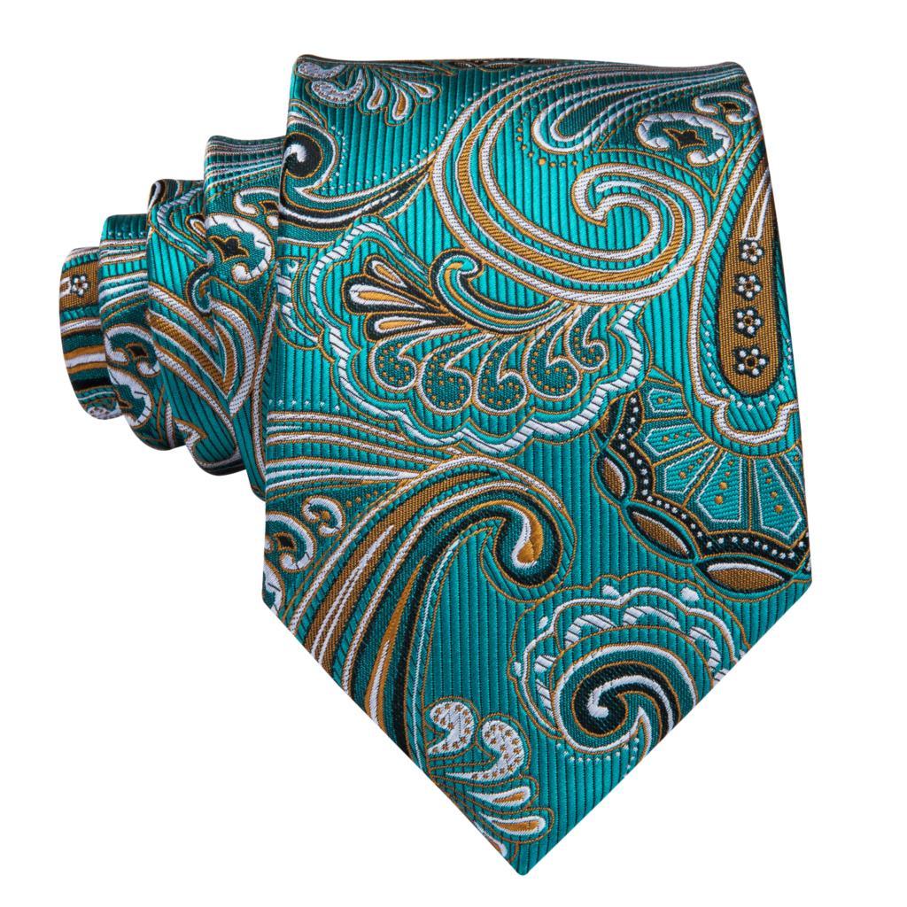 Green Teal Paisley Silk Tie Pocket Square Cufflink Set - STYLETIE