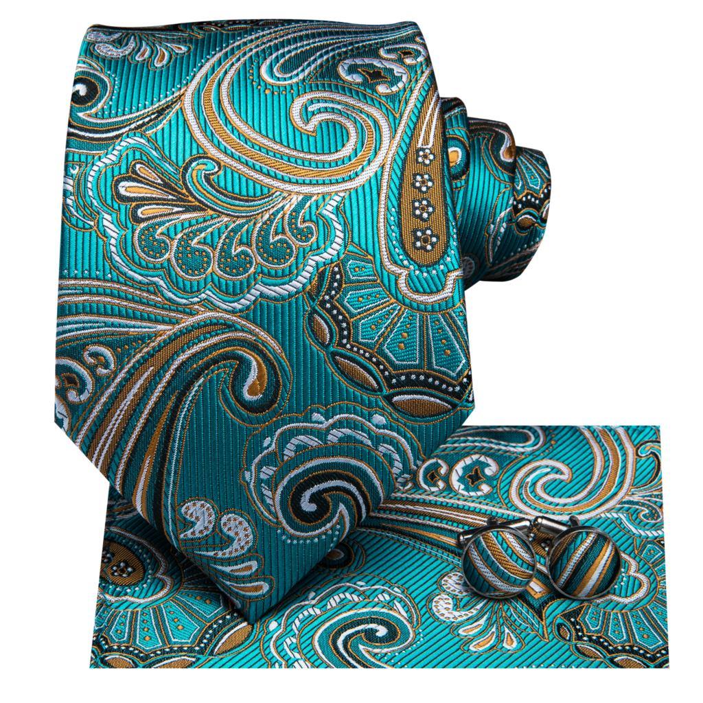 Green Teal Paisley Silk Tie Pocket Square Cufflink Set - STYLETIE