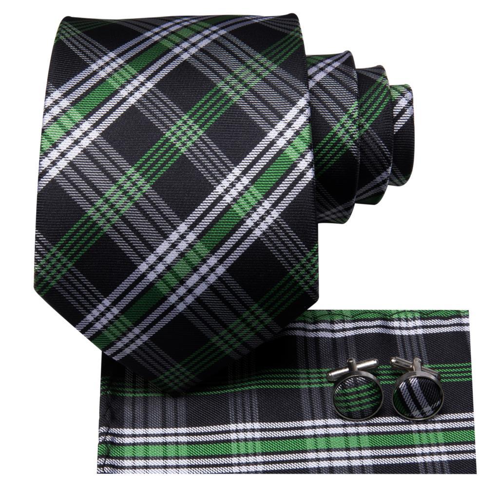 Green White Plaid Silk Tie Pocket Square Cufflink Set - STYLETIE