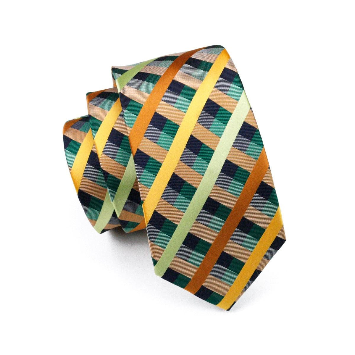 Yellow Plaid Silk Tie Crystal Brooches Pocket Square Cufflinks Set - STYLETIE