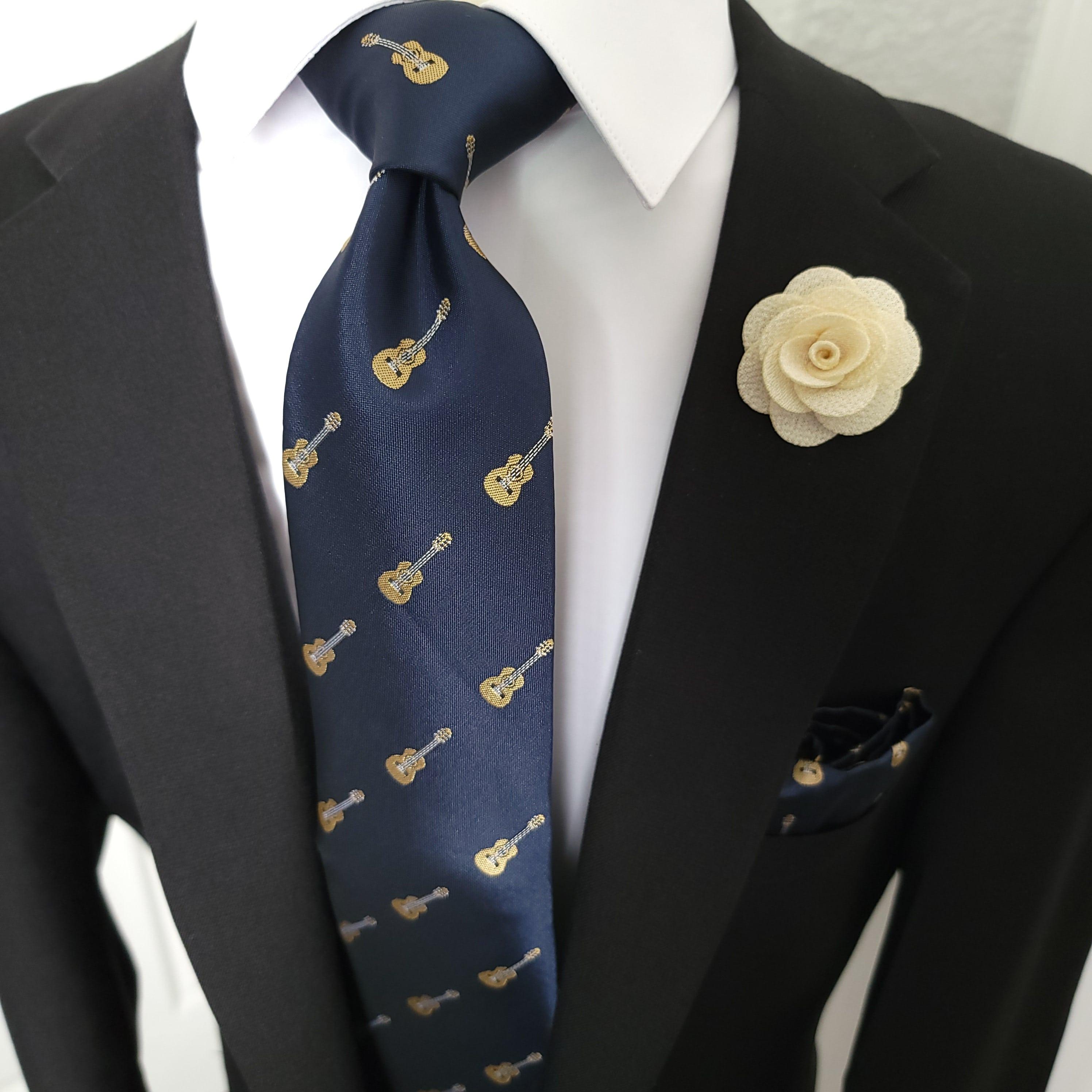 Guitar Navy Silk Tie Pocket Square & Cufflinks - STYLETIE