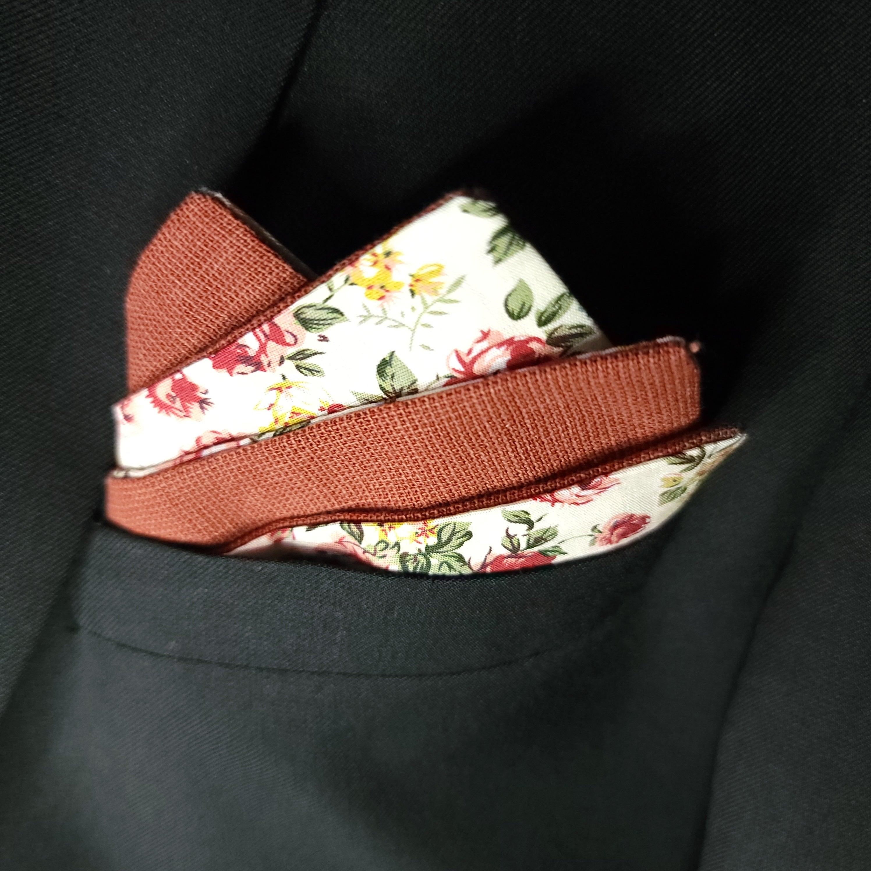 Ivory Brick Red Floral Reversible Pocket Square - STYLETIE