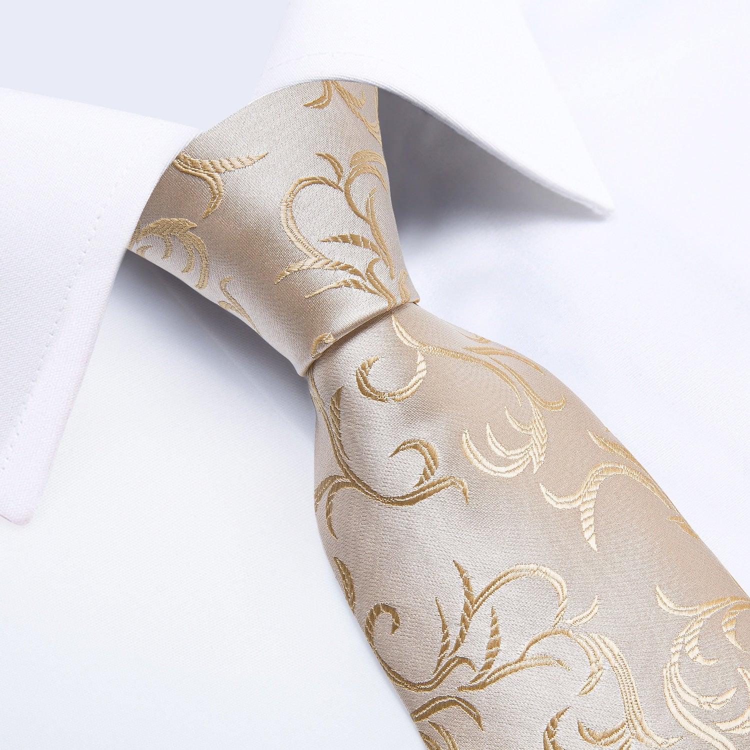 Khaki Floral Silk Tie Pocket Square Cufflinks Flower Pin Set - STYLETIE