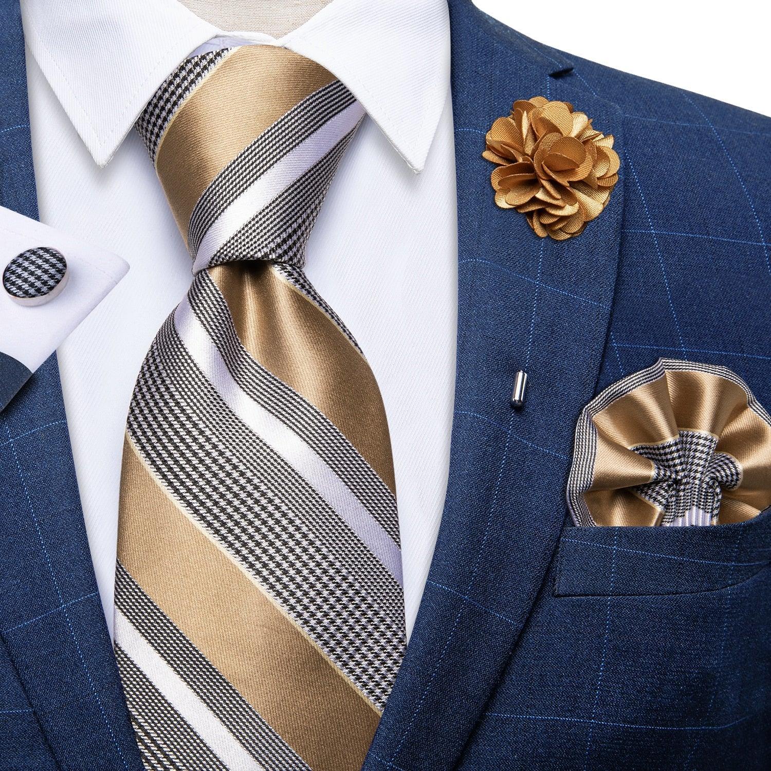 Khaki Striped Silk Tie Pocket Square Cufflink Set - STYLETIE