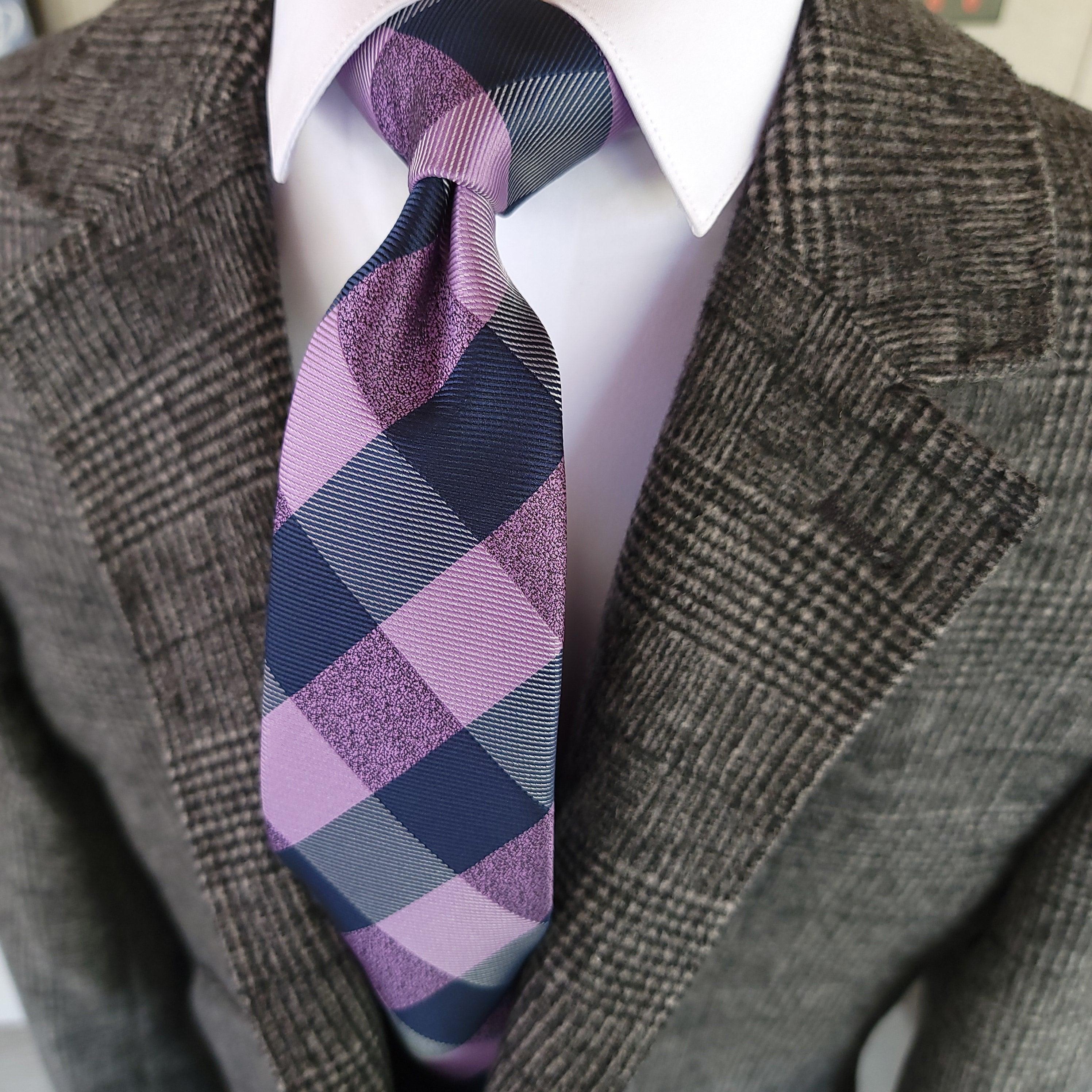 Lavender Navy Blue Plaid Silk Tie Pocket Square Cufflink Set - STYLETIE
